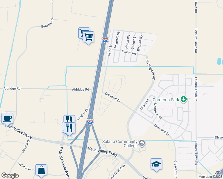 map of restaurants, bars, coffee shops, grocery stores, and more near 601 Guild Road in Vacaville