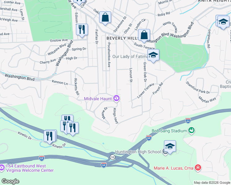 map of restaurants, bars, coffee shops, grocery stores, and more near 8 South Queens Court in Huntington