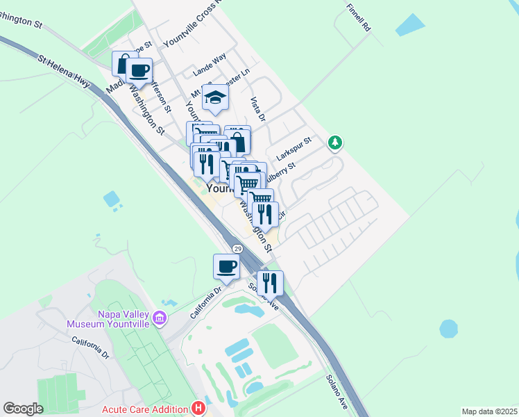 map of restaurants, bars, coffee shops, grocery stores, and more near 6589 Oak Leaf Court in Yountville