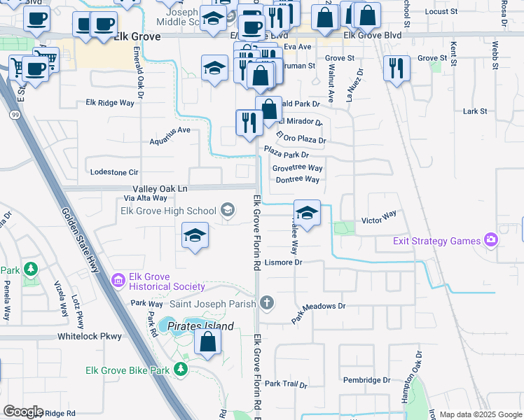 map of restaurants, bars, coffee shops, grocery stores, and more near 9706 Tralee Way in Elk Grove