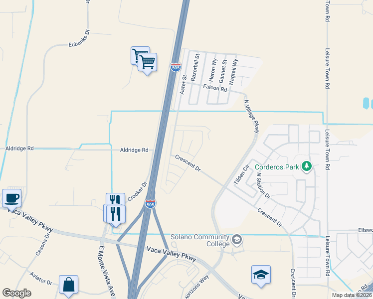 map of restaurants, bars, coffee shops, grocery stores, and more near 601 Guild Road in Vacaville