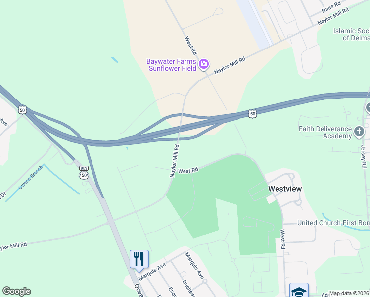 map of restaurants, bars, coffee shops, grocery stores, and more near 1703 West Road in Salisbury