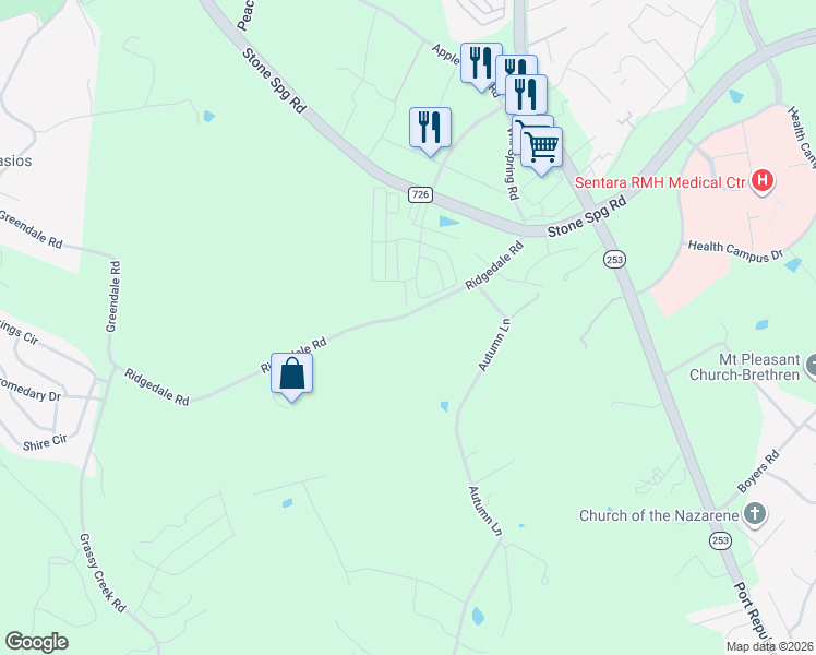 map of restaurants, bars, coffee shops, grocery stores, and more near 2488 Ridgedale Road in Harrisonburg