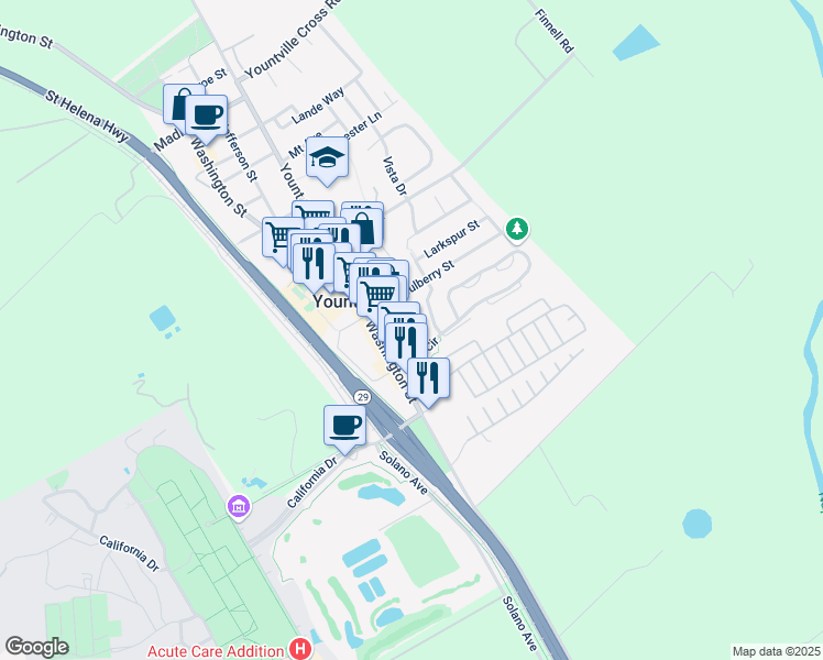 map of restaurants, bars, coffee shops, grocery stores, and more near 6580 Oak Leaf Court in Yountville