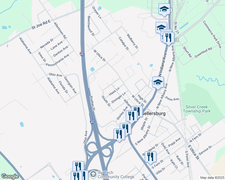 map of restaurants, bars, coffee shops, grocery stores, and more near 223 Haas Lane in Sellersburg