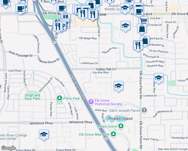 map of restaurants, bars, coffee shops, grocery stores, and more near 8725 Via Alta Way in Elk Grove
