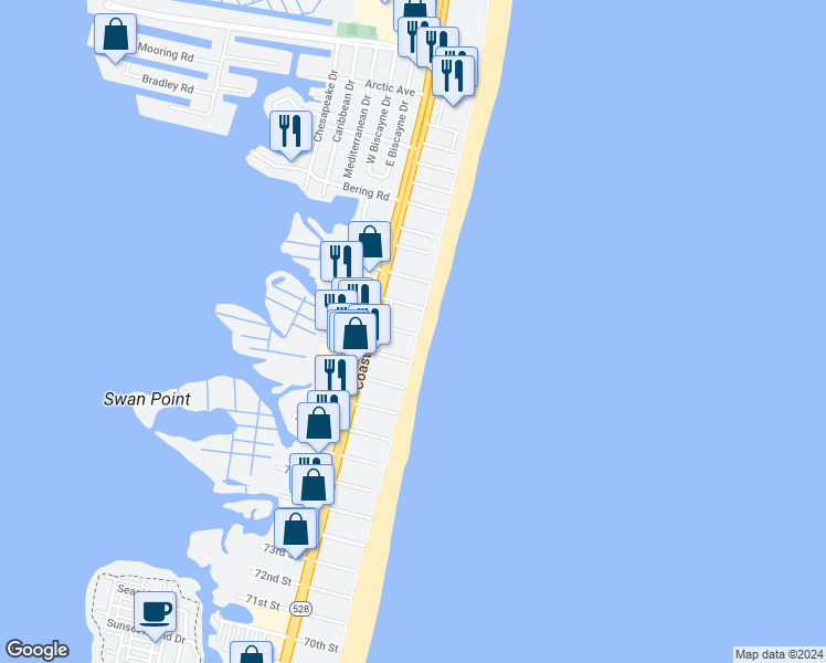 map of restaurants, bars, coffee shops, grocery stores, and more near 9 83rd Street in Ocean City