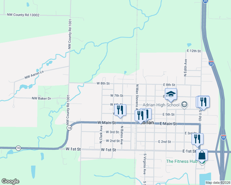 map of restaurants, bars, coffee shops, grocery stores, and more near 723 North Mulberry Avenue in Adrian