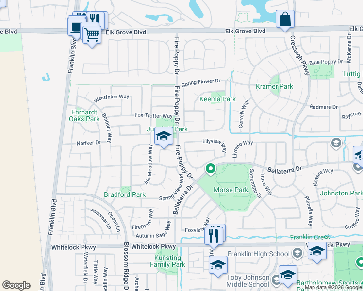 map of restaurants, bars, coffee shops, grocery stores, and more near 9857 Summer Glen Way in Elk Grove