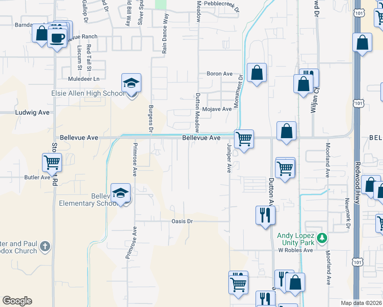 map of restaurants, bars, coffee shops, grocery stores, and more near 502 Bellevue Avenue in Santa Rosa