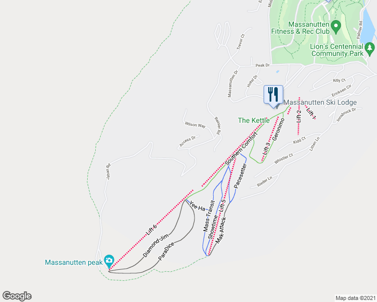 map of restaurants, bars, coffee shops, grocery stores, and more near 286 Rainier Road in Massanutten