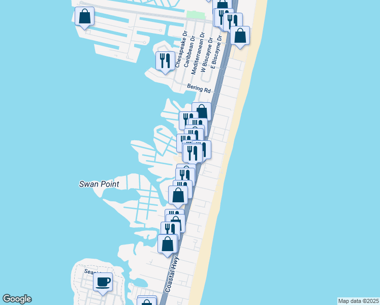 map of restaurants, bars, coffee shops, grocery stores, and more near 8201 Coastal Highway in Ocean City
