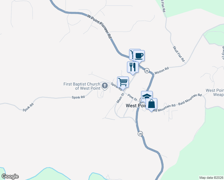 map of restaurants, bars, coffee shops, grocery stores, and more near 299 Pinecone Lane in West Point