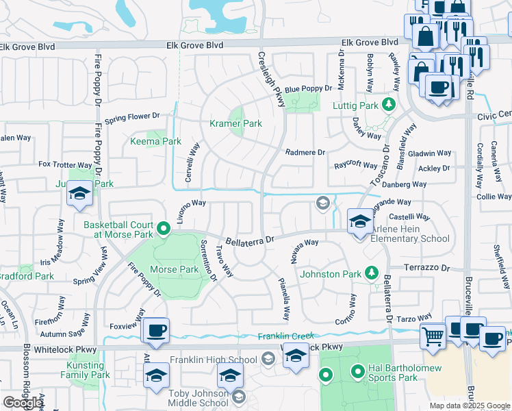 map of restaurants, bars, coffee shops, grocery stores, and more near 6221 Livorno Way in Elk Grove