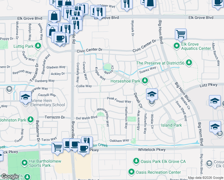 map of restaurants, bars, coffee shops, grocery stores, and more near 9805 Shanelyn Way in Elk Grove