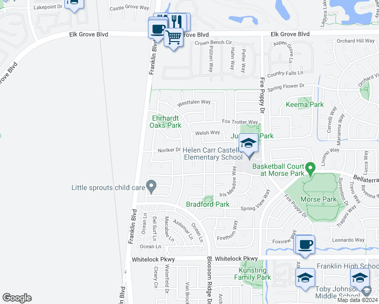 map of restaurants, bars, coffee shops, grocery stores, and more near 5036 Brabant Way in Elk Grove