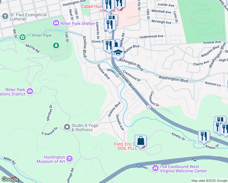 map of restaurants, bars, coffee shops, grocery stores, and more near 1855 Enslow Boulevard in Huntington