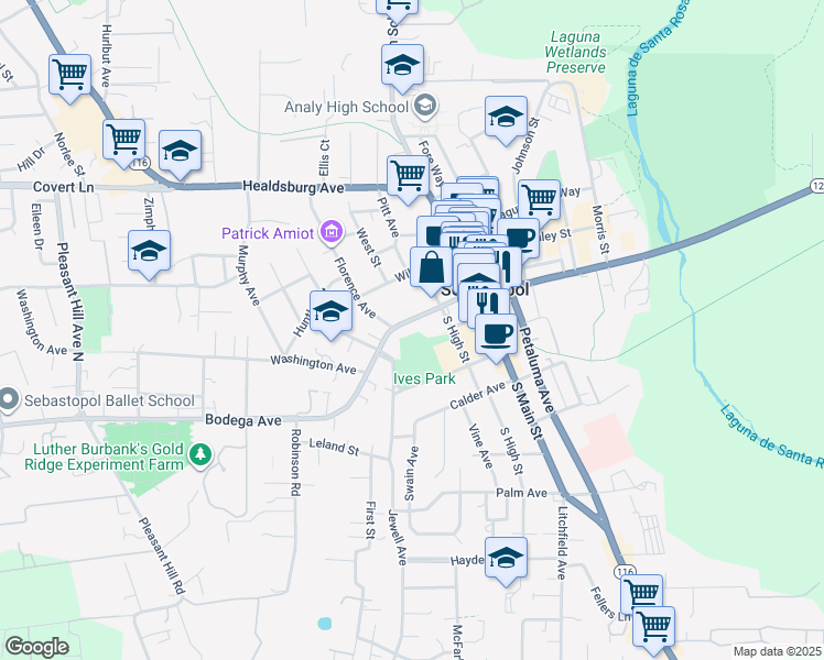 map of restaurants, bars, coffee shops, grocery stores, and more near 7220 Bodega Avenue in Sebastopol