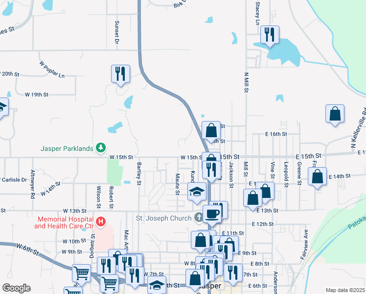 map of restaurants, bars, coffee shops, grocery stores, and more near 1700 North Newton Street in Jasper