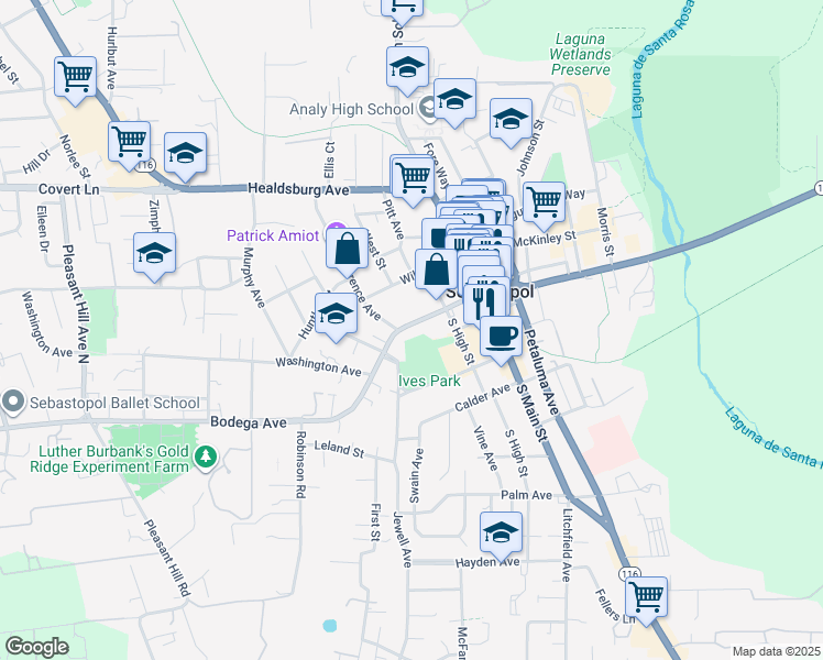 map of restaurants, bars, coffee shops, grocery stores, and more near 7340 Bodega Avenue in Sebastopol