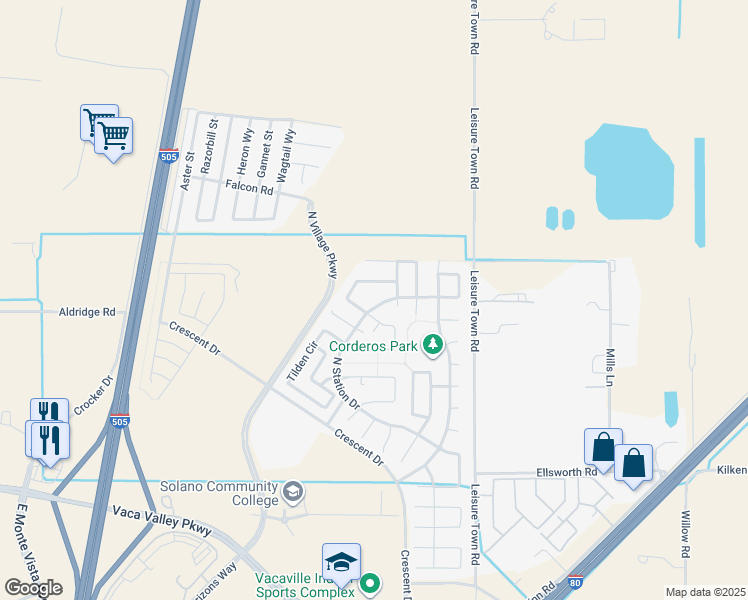 map of restaurants, bars, coffee shops, grocery stores, and more near 1178 North Station Drive in Vacaville