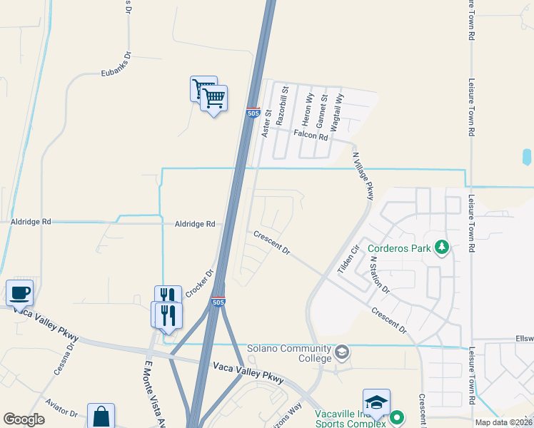 map of restaurants, bars, coffee shops, grocery stores, and more near 1042 Carlisle Court in Vacaville