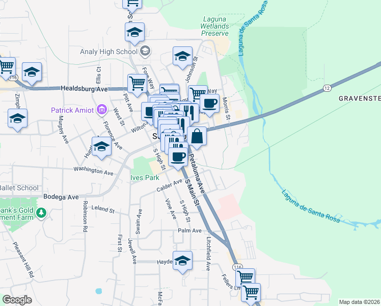 map of restaurants, bars, coffee shops, grocery stores, and more near 238 Petaluma Avenue in Sebastopol