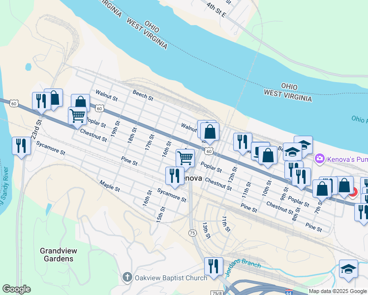 map of restaurants, bars, coffee shops, grocery stores, and more near 407 15th Street in Kenova