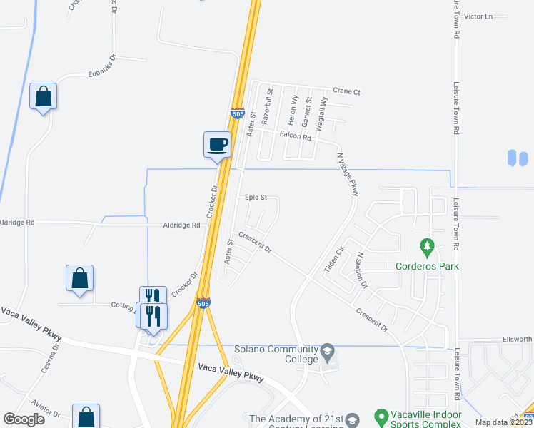 map of restaurants, bars, coffee shops, grocery stores, and more near 1031 Carlisle Court in Vacaville