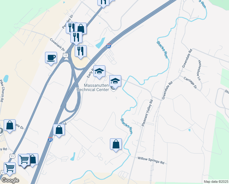 map of restaurants, bars, coffee shops, grocery stores, and more near 325 Pleasant Valley Road in Harrisonburg