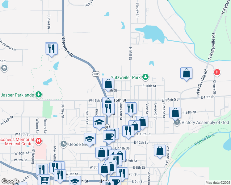 map of restaurants, bars, coffee shops, grocery stores, and more near 1601 Main Street in Jasper