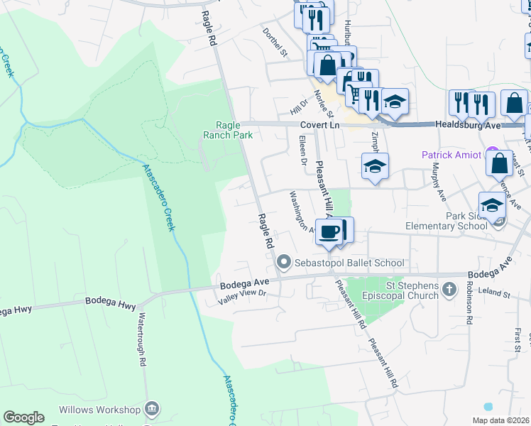 map of restaurants, bars, coffee shops, grocery stores, and more near 8153 Valentine Avenue in Sebastopol