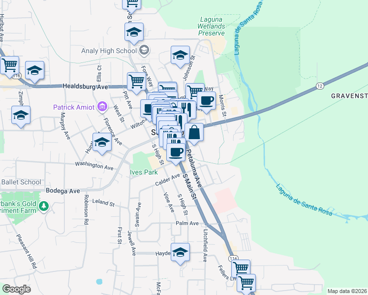 map of restaurants, bars, coffee shops, grocery stores, and more near 238 Petaluma Avenue in Sebastopol