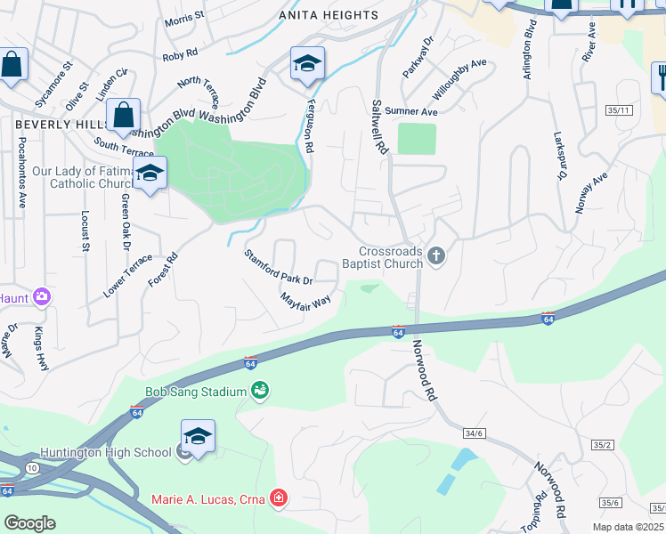 map of restaurants, bars, coffee shops, grocery stores, and more near 729 Oxford Dr in Huntington