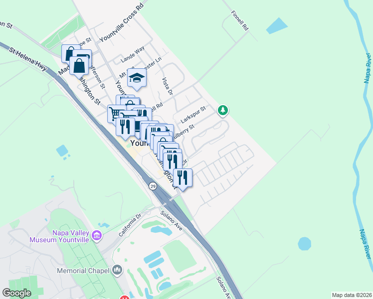 map of restaurants, bars, coffee shops, grocery stores, and more near 6478 Heather Street in Yountville