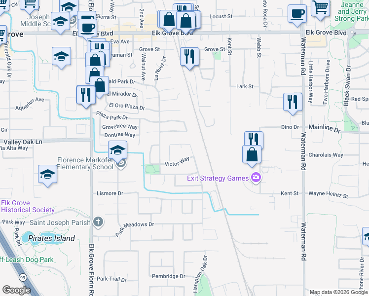 map of restaurants, bars, coffee shops, grocery stores, and more near 9782 Falcon Meadow Drive in Elk Grove