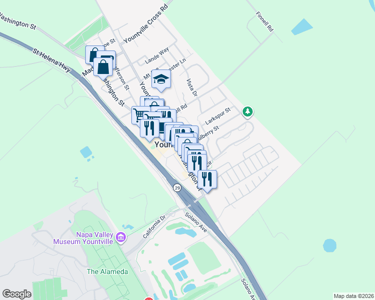map of restaurants, bars, coffee shops, grocery stores, and more near 1935 Mulberry Street in Yountville