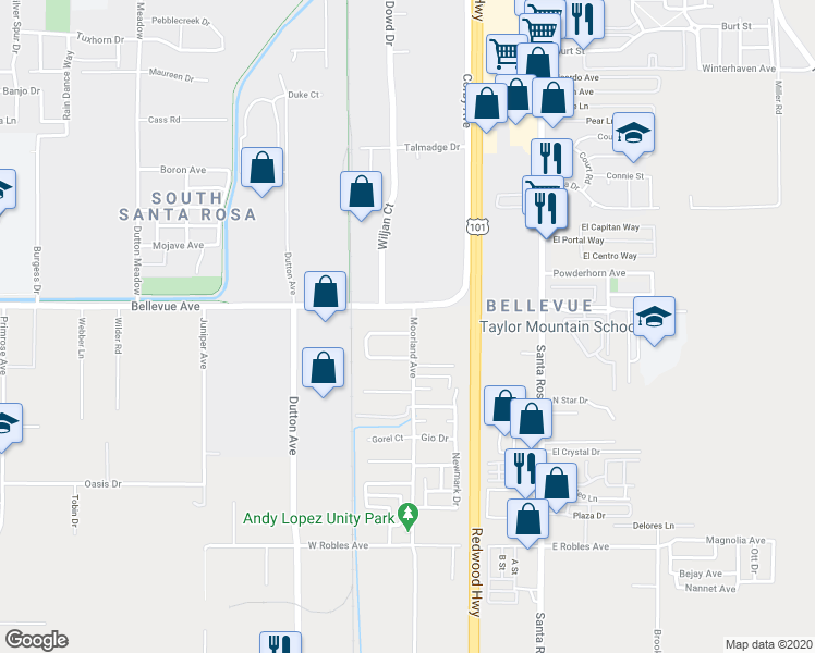 map of restaurants, bars, coffee shops, grocery stores, and more near 164 Bellevue Avenue in Santa Rosa
