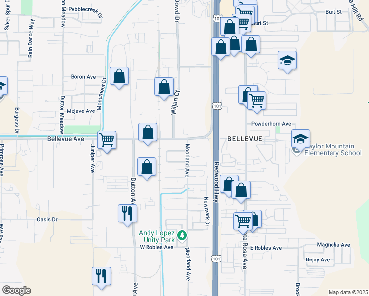 map of restaurants, bars, coffee shops, grocery stores, and more near 3181 Moorland Avenue in Santa Rosa