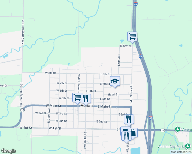 map of restaurants, bars, coffee shops, grocery stores, and more near 213 East 8th Street in Adrian