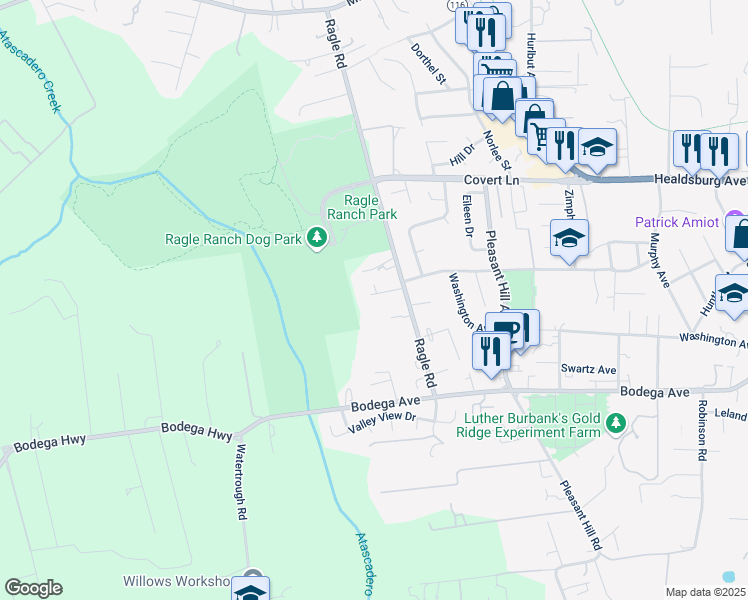 map of restaurants, bars, coffee shops, grocery stores, and more near 8338 Medved Lane in Sebastopol