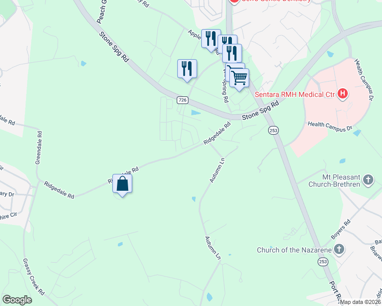map of restaurants, bars, coffee shops, grocery stores, and more near 2568 Ridgedale Road in Harrisonburg