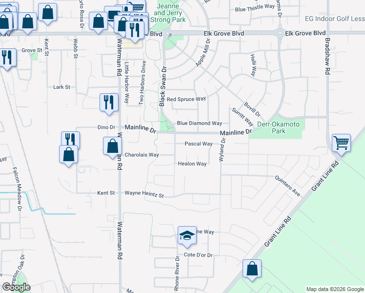 map of restaurants, bars, coffee shops, grocery stores, and more near 9317 Pascal Way in Elk Grove