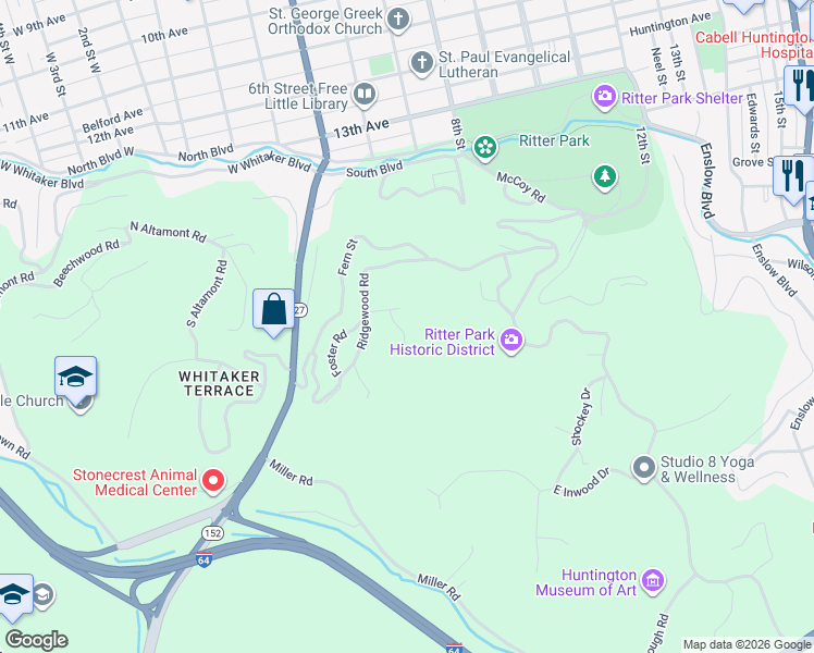 map of restaurants, bars, coffee shops, grocery stores, and more near 4-98 Southwood Drive in Huntington