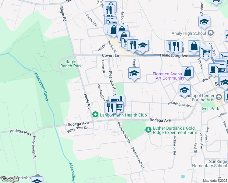 map of restaurants, bars, coffee shops, grocery stores, and more near 360 Pleasant Hill Avenue North in Sebastopol