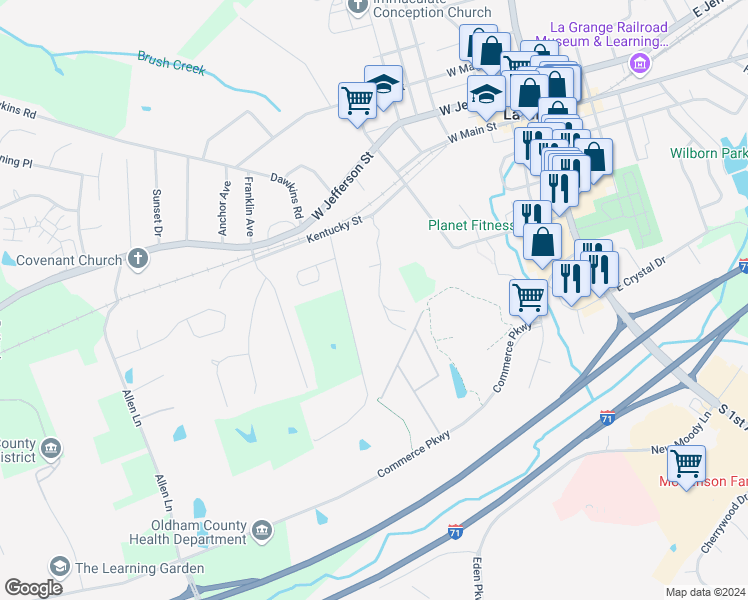 map of restaurants, bars, coffee shops, grocery stores, and more near 111 Clifford Lane in La Grange