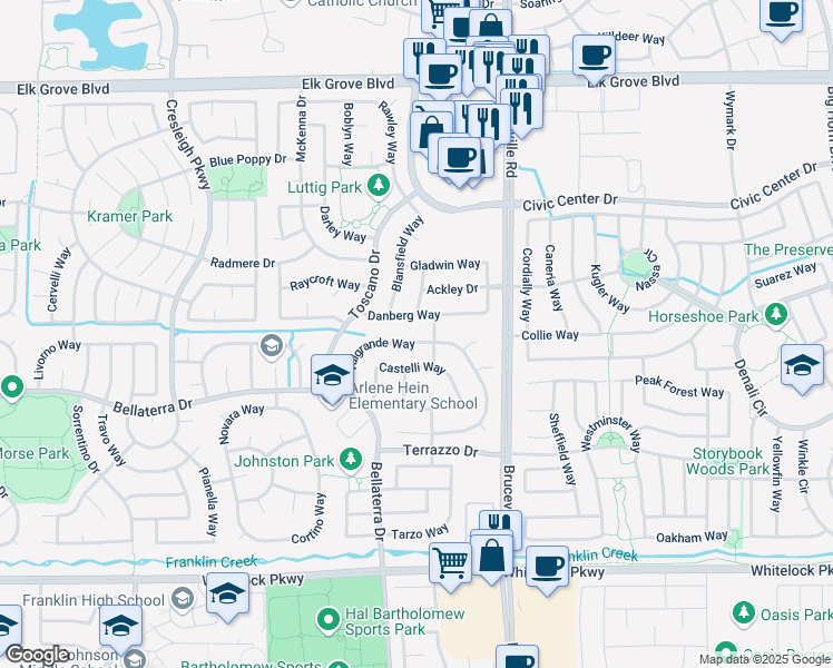 map of restaurants, bars, coffee shops, grocery stores, and more near 7100 Danberg Way in Elk Grove
