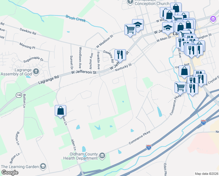 map of restaurants, bars, coffee shops, grocery stores, and more near 411 Wood Springs Road in La Grange