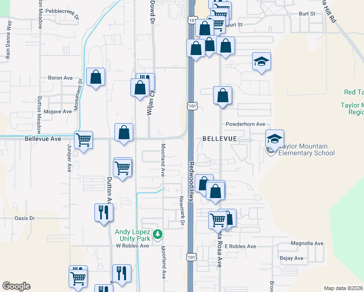 map of restaurants, bars, coffee shops, grocery stores, and more near 84 Bellevue Avenue in Santa Rosa