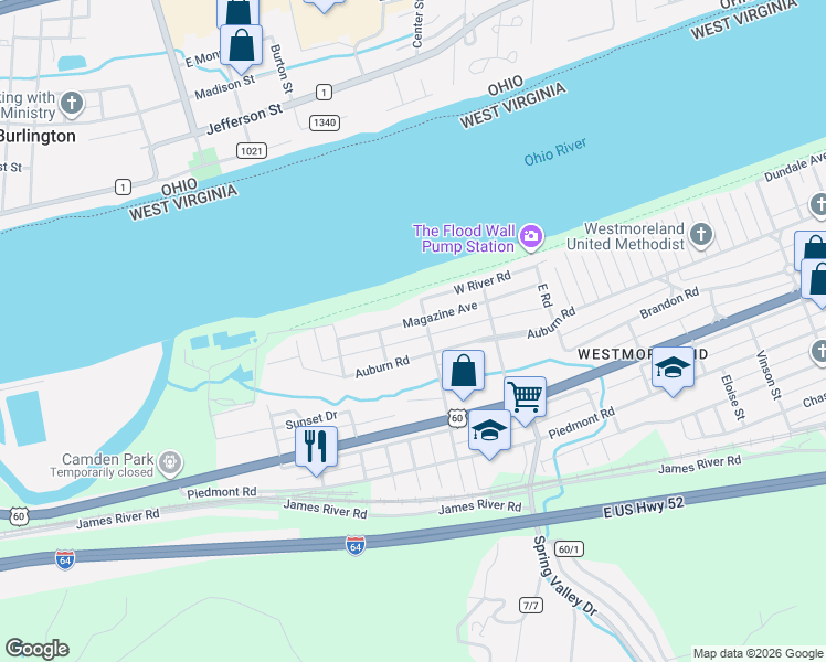 map of restaurants, bars, coffee shops, grocery stores, and more near 4521 Magazine Ave in Huntington
